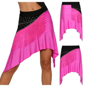 Falda de baile latino para mujer con flecos y pedrería, cintura alta, dobladillo asimétrico tipo pañuelo, para Salsa, Tango, Baile de Salón, Actuaciones en Escenario, Personalizada - Product Image 4