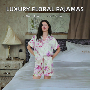 Women Floral <b>Satin</b> Pajama Set Short Sleeve Summer Sleepwear V Neck Lounge Shorts - Product Image 2