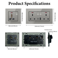Prise murale USB industrielle universelle grise 18W Type-C à charge rapide intelligente, en verre trempé, 4 prises 16A UK avec interrupteurs 1/2 voies