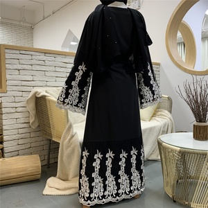 1609# Pretty Fashion White Flowers Embroidery With White Border Classic Black Kaftan Ladies Open <b>Abaya</b> - Product Image 6