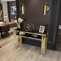 Table console moderne de luxe avec base en acier inoxydable doré et miroir en verre pour la maison ou l'hôtel