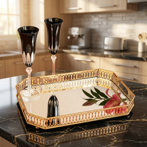 Elegant Gold <b>Mirrored</b> Serving Tray With <b>Octagonal</b> Design Polished Metal Finish Residential Use - Product Image 2