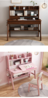 Ensemble de table et de chaise d'étude ergonomique en bois de style moderne pour enfants, bureau d'étude confortable bleu rose avec étagère et chaise
