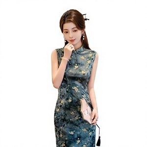 Summer <b>Chinese</b> Vintage Polyester Fibre Velvet Slim Fit Party Cheongsam <b>Dress</b> High-end Dark Green Color Ladies Sleeveless Adults - Product Image 4