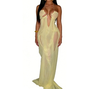 Vestido largo de mujer con cuello halter de pedrería, malla transparente y abertura alta, a la moda - Product Image 1