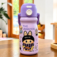 Gobelet isotherme en acier inoxydable 500 ml à double paroi avec paille et ouverture directe pour le voyage et le bureau, motif dessin animé pour enfants