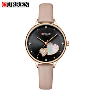 Montre pour femme CURREN 9077 en or rose, boîtier en alliage en forme de cœur personnalisé, bracelet en cuir, verre, acier inoxydable, étanche - Product Image 3