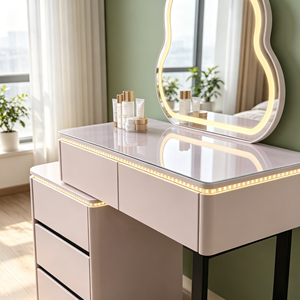Coiffeuse rose moderne avec miroir LED en forme de nuage, meuble de rangement et tabouret pour chambre à coucher - Product Image 2