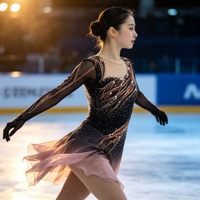 Costume de patinage artistique pour enfants et adultes, robe en maille à manches longues dégradé noir et rose avec strass pour spectacle sur glace
