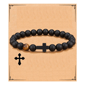 Regalos de Año Nuevo, Joyería para Hombre, Pulsera con Tarjeta, Pulsera Religiosa Cristiana de Ágata Natural Mate con Cruz para Hijo y Padre - Product Image 1