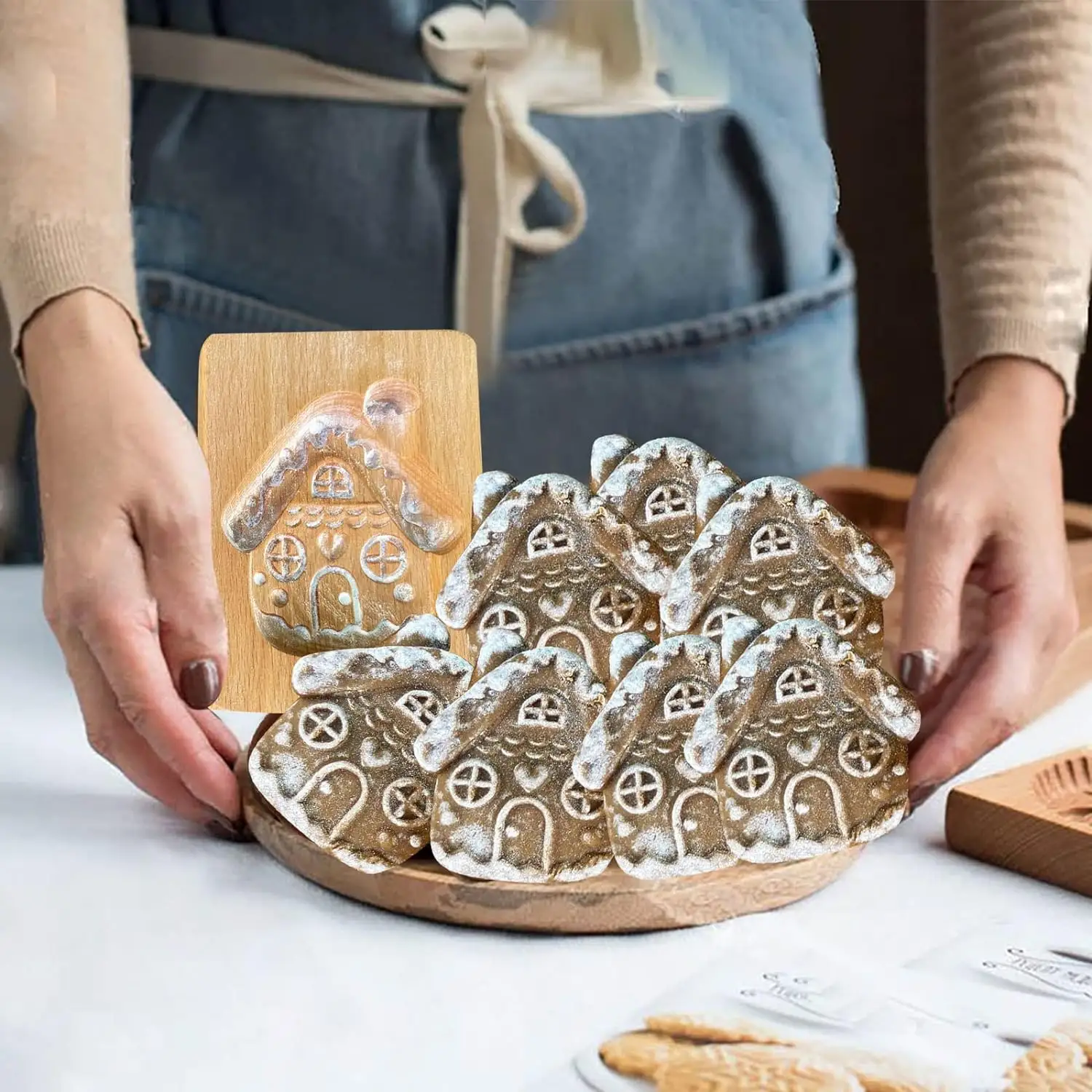 Küche DIY Kinder Plätzchenformen Schokolade Prägung Presse Stempel geschnitzt Süßigkeitenhaus Buche Holz Plätzchenbackform