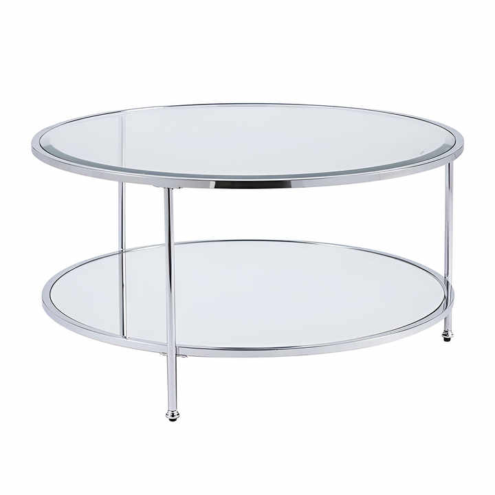 HMS 34\" Chrome Glass and Metal Round Mirrored Coffee Table