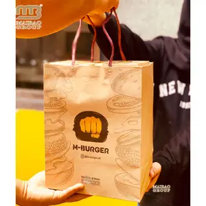 Emballage écologique à emporter pour restaurant, logo OEM imprimé, avec poignées torsadées, sacs en papier kraft commercial pour aliments, pièces