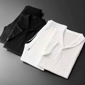 Men Summer 2-Piece Breathable Suits Short Sleeve Tops + Long Pants Solid Color Polo Lapel Collar Button <b>Elastic</b> Waist Trousers - Product Image 5