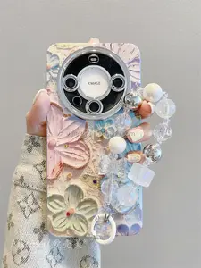 2024 Flower Design Silicone Phone Case For Huawei Mate60pro With Pearl Waist Chain Mate50 40 30 P50 P40 Pro Cell Phone Cover