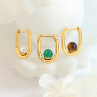 Boucles d'oreilles créoles tendance en acier inoxydable plaqué or 18 carats PVD pour femme, avec pierre naturelle verte café et perle, forme U