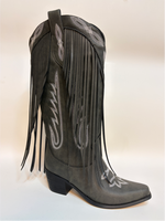 Bottes Western Grises Personnalisées par le Fabricant pour Femme, à Franges, Bout Pointu, Mi-Mollet, Brodé, à Enfiler, Talon Épais, Style Cowgirl