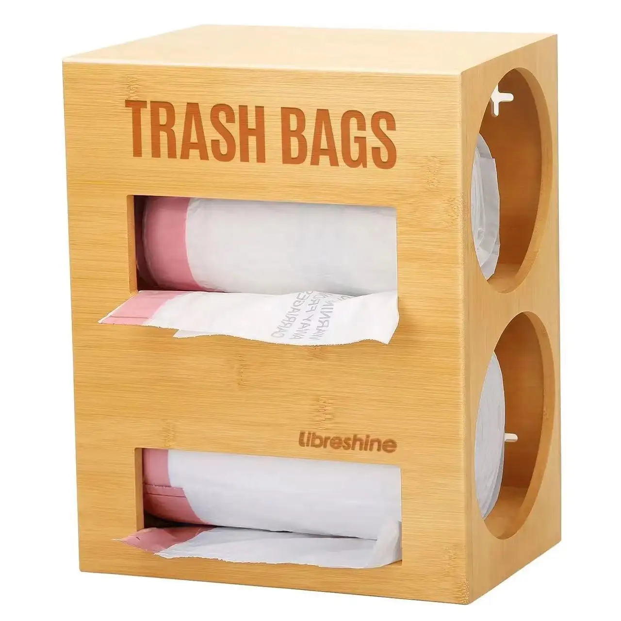 2 in 1 wall mount bamboo large trash bag dispenser roll holder for 2 rolls garbage bag Bamboo Plastic Bags Storage Dispenser