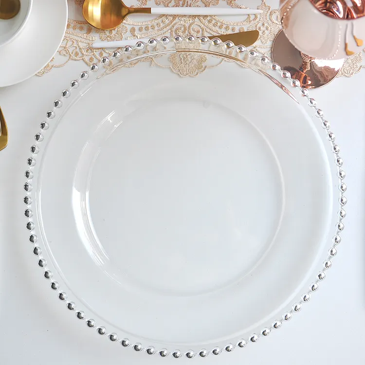 Wholesale Clear Round Silver Glass Gold Beaded Charger Plates For Wedding Underplate