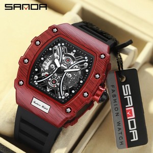 Montre à quartz pour homme SANDA 7044, boîtier tonneau ajouré à motif zèbre, montre-bracelet tendance et unique avec calendrier simple lumineux pour homme - Product Image 1