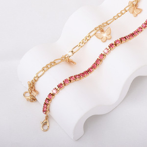 Cute <b>Gold</b> Plated Alloy Butterfly <b>Anklet</b> Set with Pink Rhinestone Chain for Women Gift Fashion Jewelry - Product Image 3