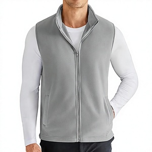 Gilet sans manches classique pour homme en polaire gris, fermeture éclair intégrale, col montant, pour superposition extérieure - Product Image 1