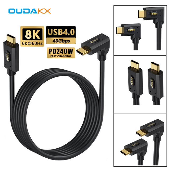 New 5A 240W USB4 Cable Multi Connector Type C to C Type 90 Degree 8K@60Hz 40Gbps Compatible 3/4 Data Transfer Cable