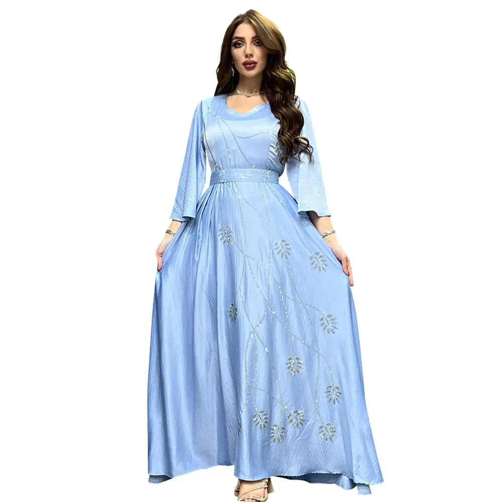 Amazon Muslim Abaya Leaves Prints Hot Drilling Diamond Sashes Dubai Robe Evening Women Dresses