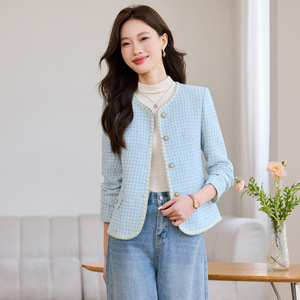 <b>Women's</b> <b>Tweed</b> Blazer Coat Blue Checkered Pattern Vintage Style Short <b>Jacket</b> For <b>Women</b> Autumn Winter Wear - Product Image 1