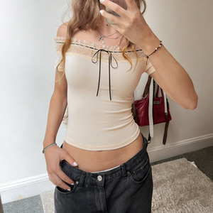 Women's Sweet Solid Color Lace <b>Patchwork</b> Collarless off Shoulder <b>Top</b> with Bow Tie Regular Fit Casual Summer Short Sleeve - Product Image 2