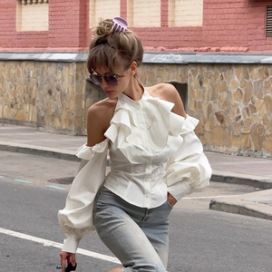 Ruffle <b>Layered</b> Halter Off Shoulder Stand Collar Blouse Waist Cinching French Palace Hot Girl Office Elegant Flattering <b>Top</b> - Product Image 3