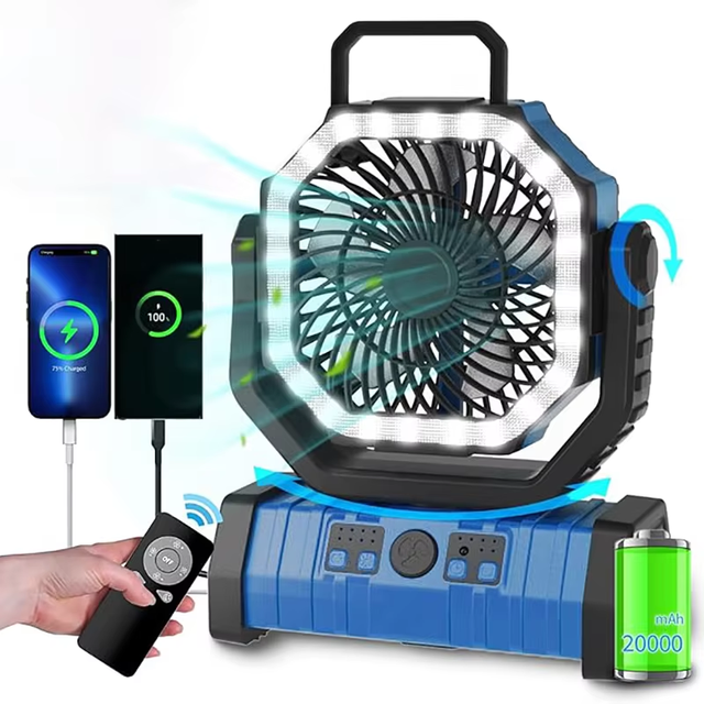 Portable USB Solar Rechargeable Camping Fan Brushless Motor High Wind Adjustable Speed Button Control Battery Household RV