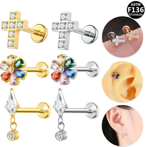 Fashion <b>Stud</b> Earrings G23 <b>Titanium</b> Alloy Cross Flower Zircon Ear Cartilage <b>Stud</b> ASTM F136 - Product Image 1