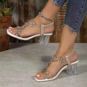 Elegant Square Toe Slip-on <b>Sandals</b> For Women <b>Elastic</b> Strap Rhinestone Flower Crystal Heel Dating Party Footwear - Product Image 2