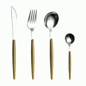 Juego de cubiertos de acero inoxidable al por mayor con mango de plástico y madera, estilo portugués, para bodas y el hogar (cuchillo, tenedor y cuchara) - Product Image 1