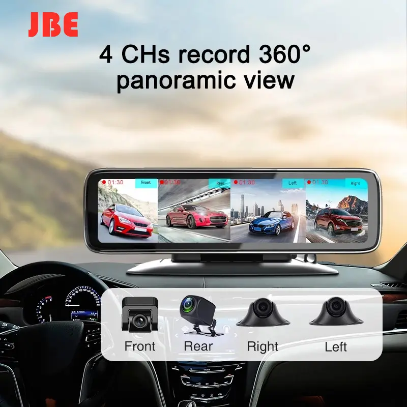 12 Inch 720P Touch Screen 4 Cams Manier Kanaals Chs 360 Graden Auto Dash Camera Video Recorder Met Achter view Spiegel 4 Split Display