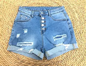 Produk populer 2024 produk baru wanita celana pendek Denim melar Jeans pinggang tinggi kain sobek