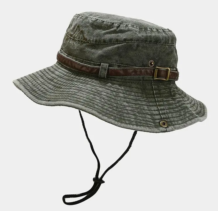 Topi Bucket Logo Kustom Boonie Hutan Luar Ruangan dengan Tali Dagu Berburu Topi Nelayan