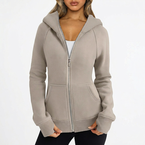 Sudadera con Capucha y Cierre Completo para Mujer, Corte Regular, Color Sólido, Tejido de Algodón y Fibra de Bambú, Ropa de Otoño - Product Image 1