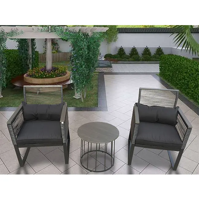 Günstige Tisch und Stühle dekorative Gartens tuhl Französisch Metall Outdoor Stahl 3 Stück hand gewebte Rattan Bistro-Set