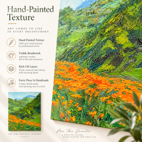 Peinture sur toile peinte à la main, champ de fleurs sauvages orange, collines vertes, montagnes bleues, décoration murale pour salon