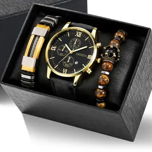 2023 Hot Selling Wooden Bracelet Bangle Man Fashion 3Pcs/Set Stainless Steel Quartz Watch Set And Jewelry Sets For Male