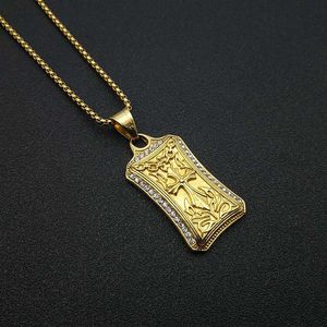yunnique Hip Hop Style Gold Plated Stainless Steel Rectangular <b>Cross</b> Pendant Necklace With Diamond Pave Setting For Gift - Product Image 4