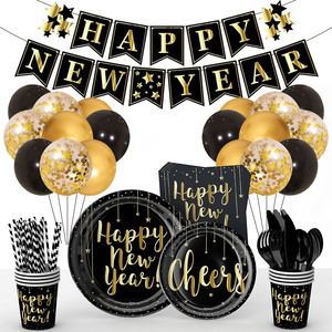 Juego <span class=keywords><strong>de</strong></span> Decoración <span class=keywords><strong>de</strong></span> <span class=keywords><strong>Año</strong></span> Nuevo Negro y Dorado al por Mayor, Pancartas, Platos <span class=keywords><strong>de</strong></span> Papel, Servilletas y Vasos - Product Image 1