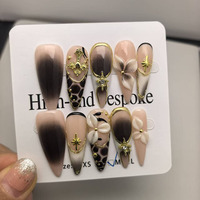 Faux ongles en acrylique de haute qualité 3D, 10 pièces en gros, forme amande, imprimé léopard, style français de luxe, 100% faits à la main, fournisseur de faux ongles