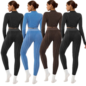 ชุดโยคะแขนยาวสีพื้นสำหรับผู้หญิงยี่ห้อ Yimo กางเกงขาสั้นเอวสูงยกสะโพกสำหรับออกกำลังกาย ชุดกีฬาไร้รอยต่อ ยืดหยุ่นได้ เหมาะสำหรับฟิตเนส - Product Image 1