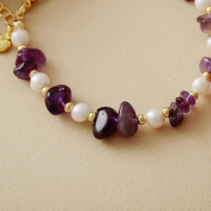 Amethyst And Citrine <b>Beaded</b> <b>Bracelet</b> With Pearl And Gold Heart Charm Bohemian Style Gift Jewelry - Product Image 2