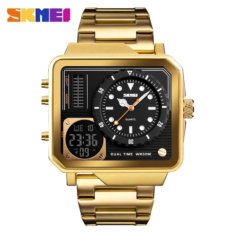 SKMEI 1392 Fashion Casual Double Display LED Digital Watch Stainless Steel LED Waterproof Luxury Men Wristwatch Business Watch