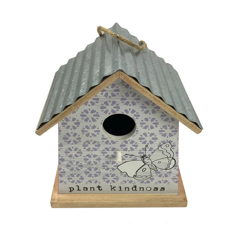 تخصيص الخشب لديكور الطيور الخشبية منزل الطباعة باترز مع حبل الجوت مع موجة معدنية سطح المنزل