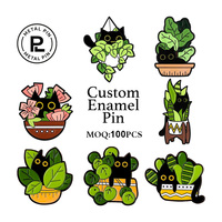 Broche en émail motif chaton et feuilles vertes, finition nickel noir, pour la Saint-Valentin